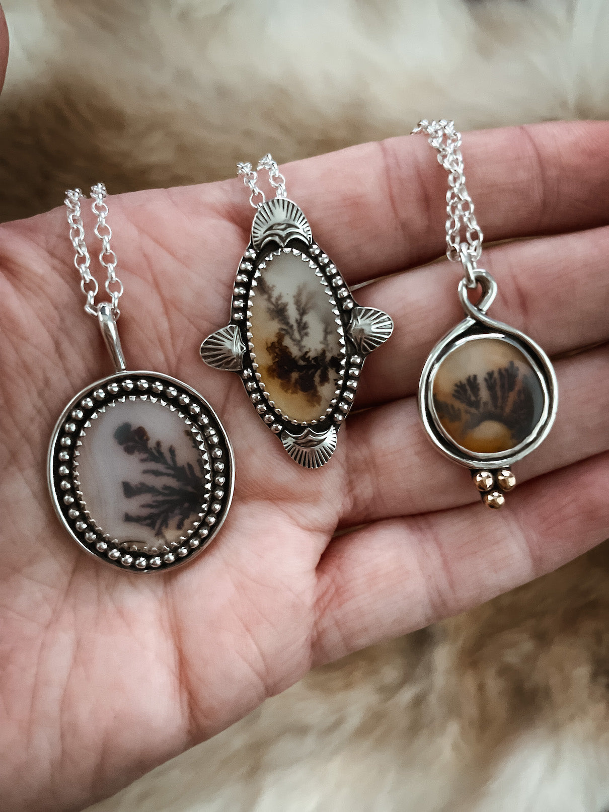 Dendritic Agate Sterling Silver Necklaces - 3 versions shown on hand.