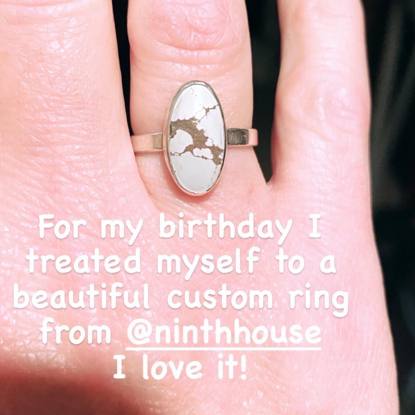 Customer photo of oval light blue turquoise ring in a simple sterling silver setting.
