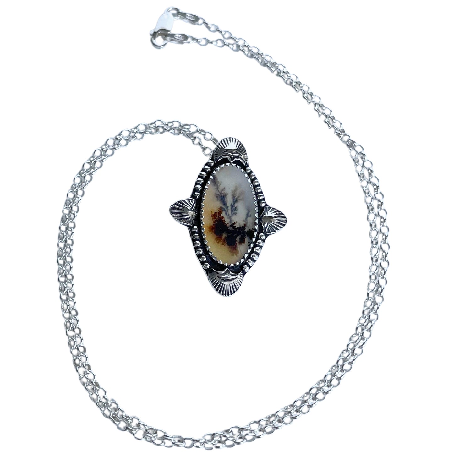 Dendritic Agate Sterling Silver Necklace - full view with chain.