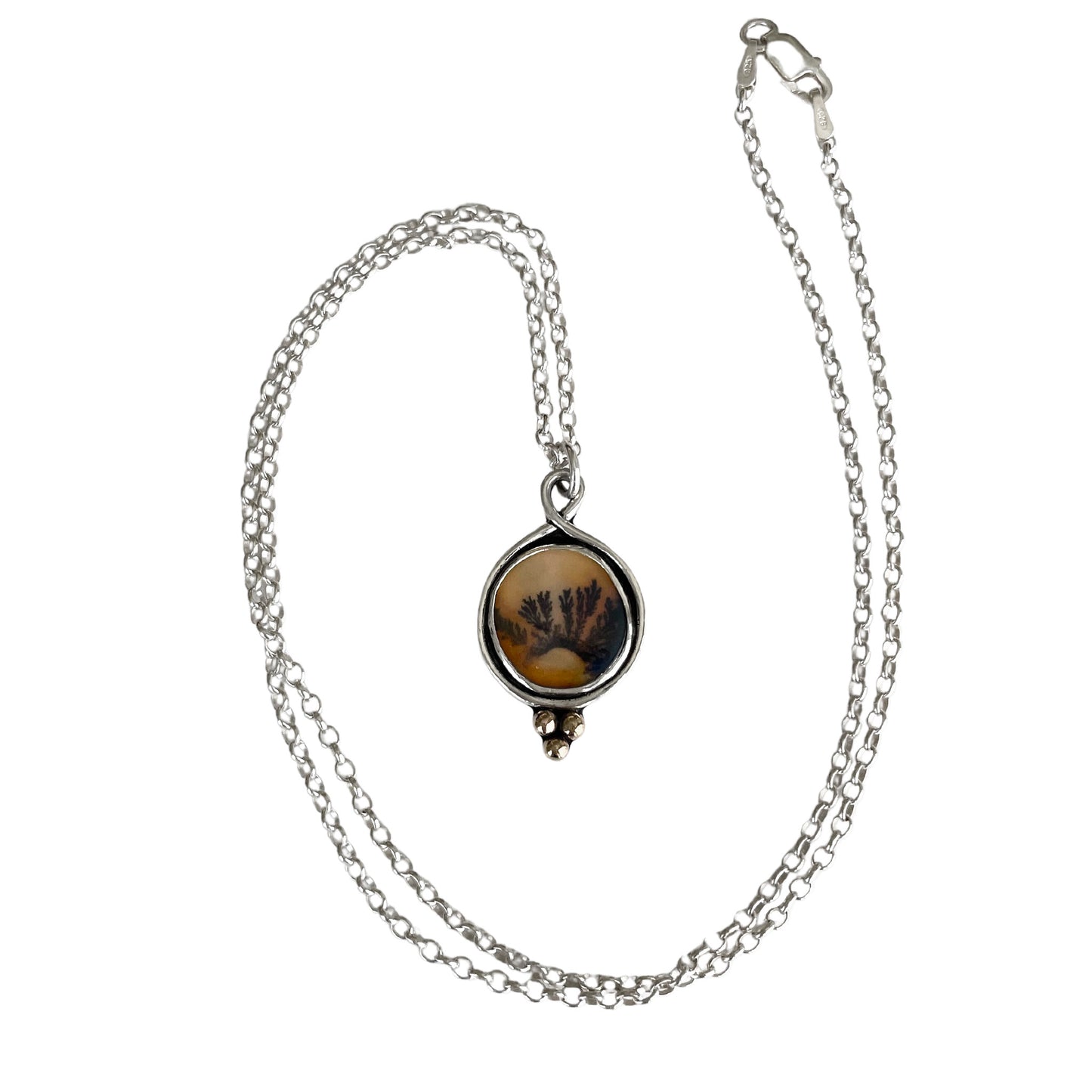 Dendritic Agate Sterling Silver Necklace - full view with chain.