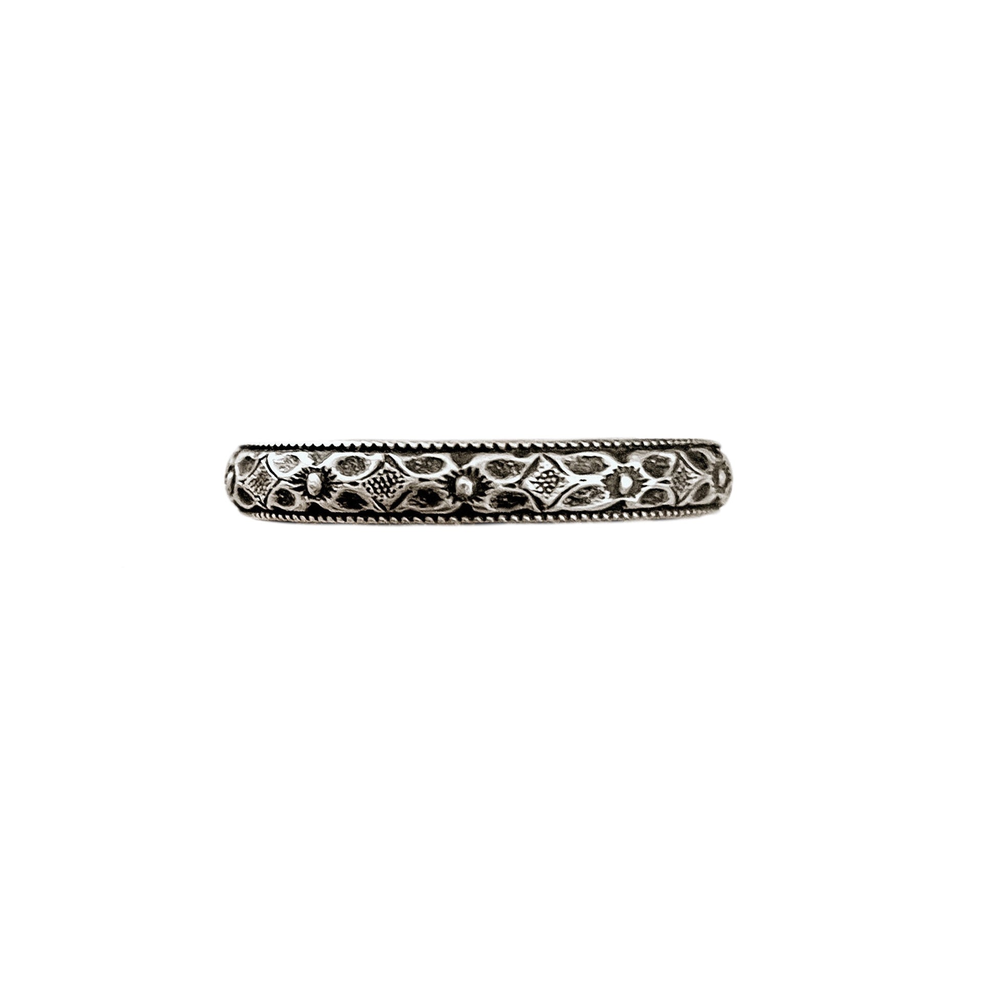 Diamond Floral Sterling Silver Thin Stacking Ring shown in antiqued finish for a true vintage appearance.