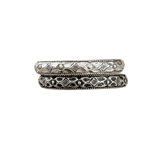 Diamond Floral Sterling Silver Thin Stacking Ring engraved with a Western style flower and diamond pattern shown in bright (top) & antiqued (bottom) sterling silver finishes.