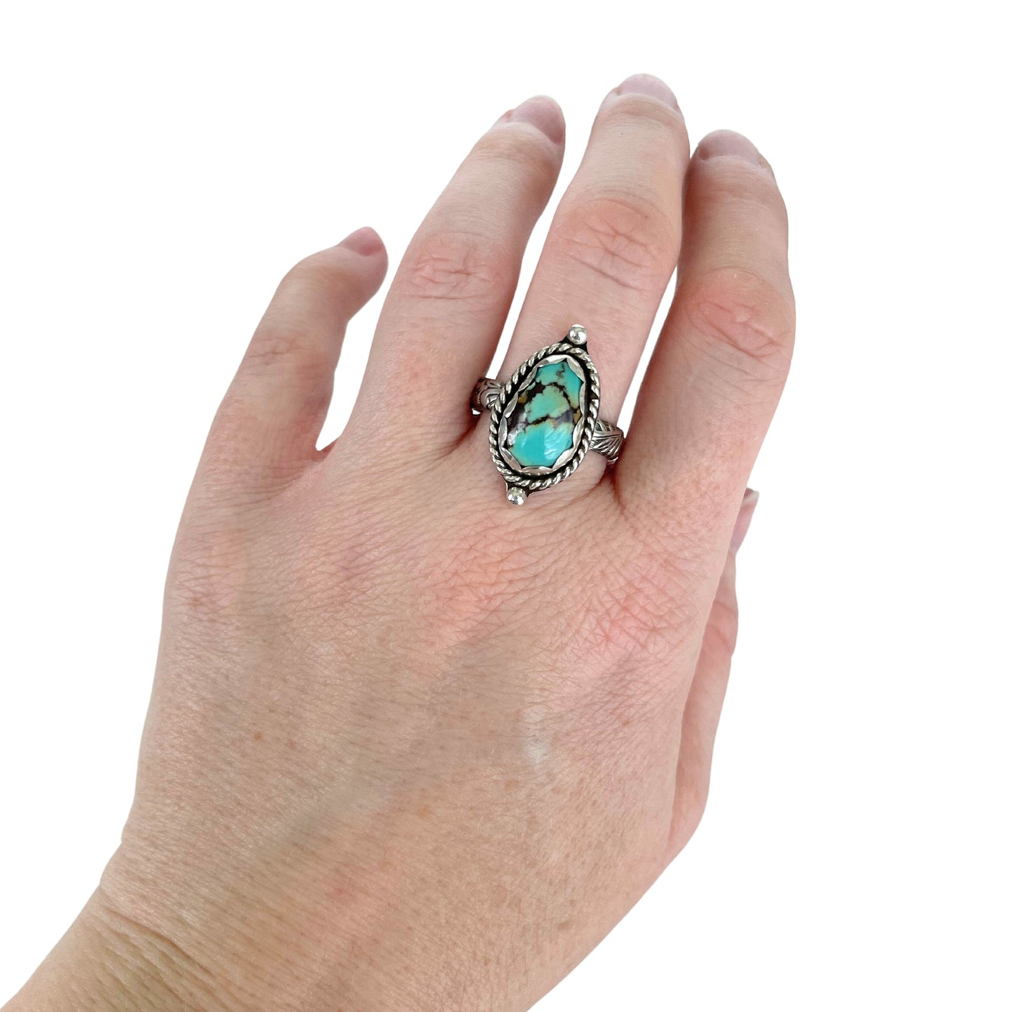 Golden Hills Turquoise Sterling Silver Ring, Size 8 - worn on middle finger.