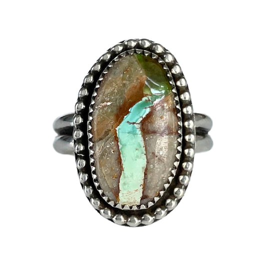 Royston Ribbon Turquoise Silver Ring, Size 9.5 - front view.