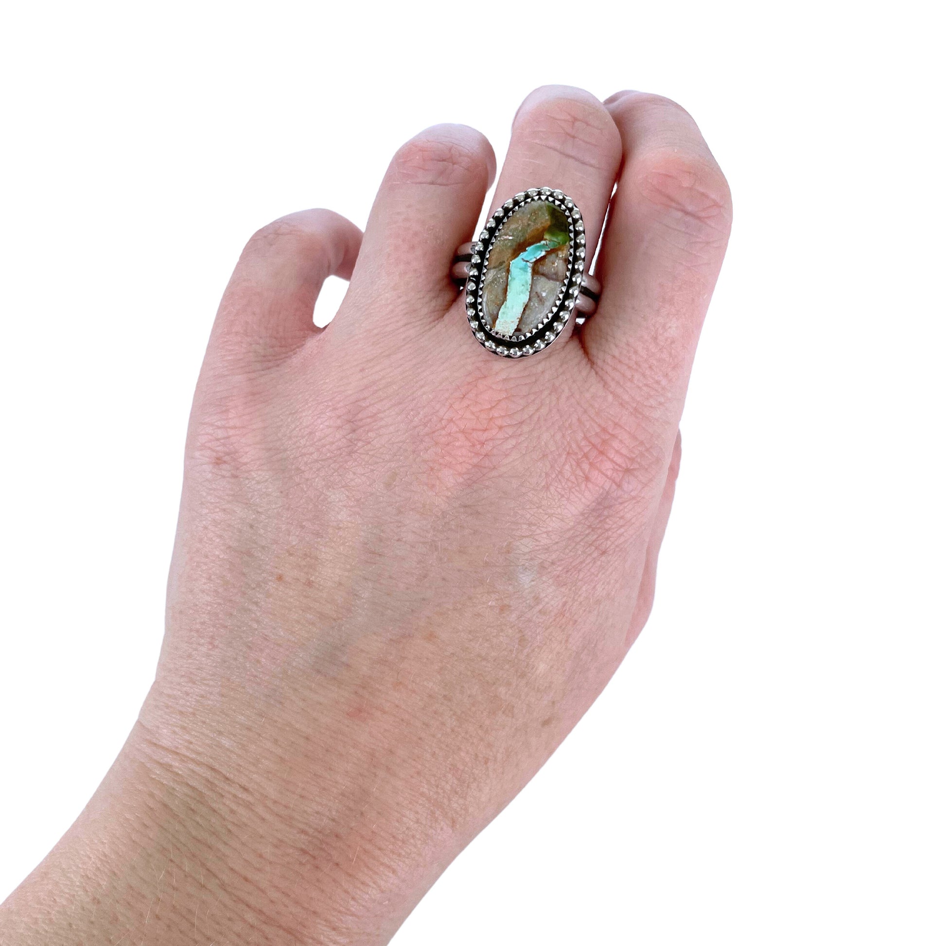 Royston Ribbon Turquoise Silver Ring, Size 9.5 - on hand worn on middle finger.