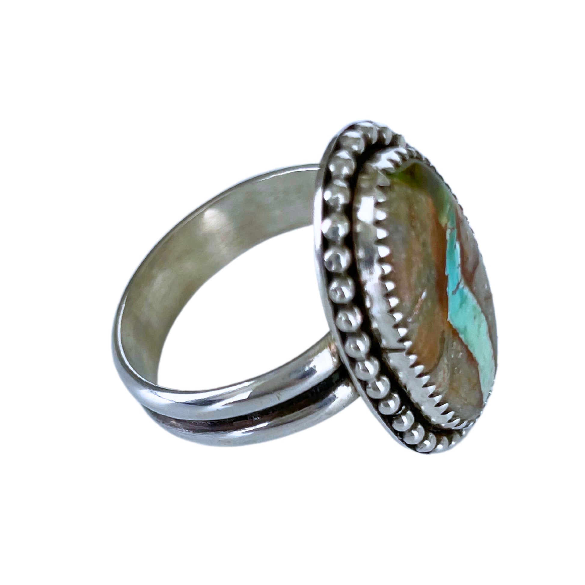 Royston Ribbon Turquoise Silver Ring, Size 9.5 - side view.