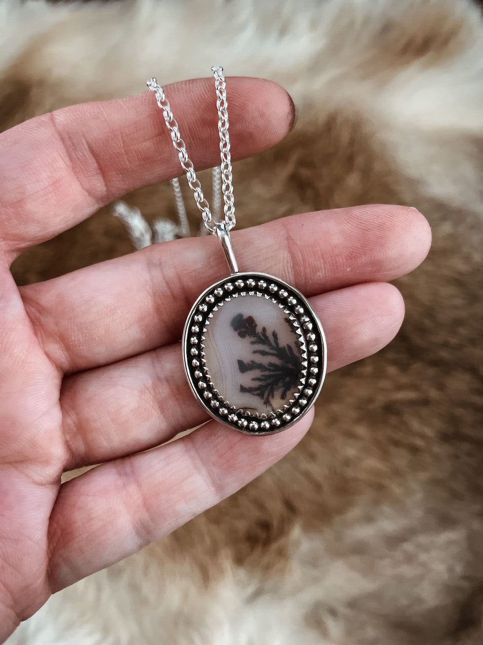 Dendritic Agate Sterling Silver Necklace - features double bead and plain bands surrounding a beautiful large round dendritic agate stone.