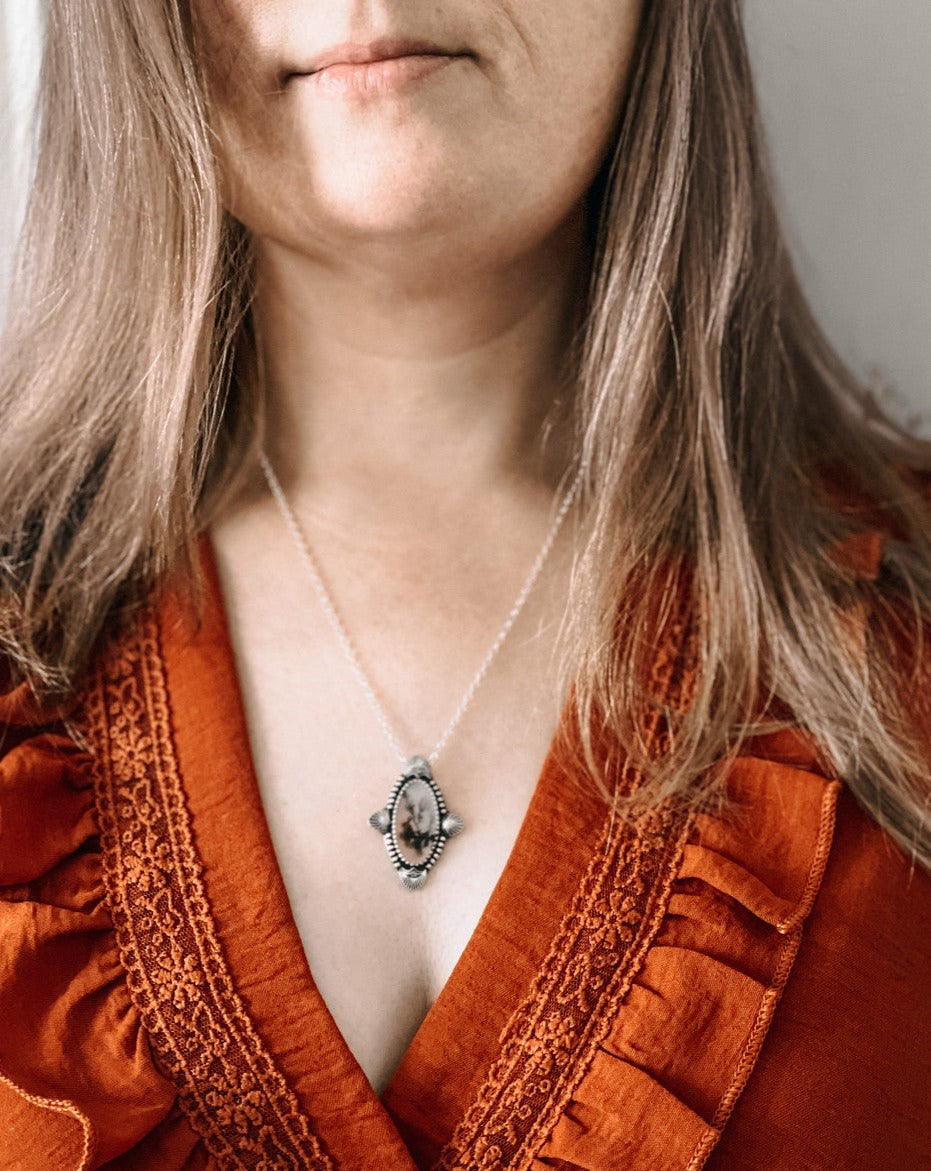 Dendritic Agate Sterling Silver Necklace - worn hanging from neck.