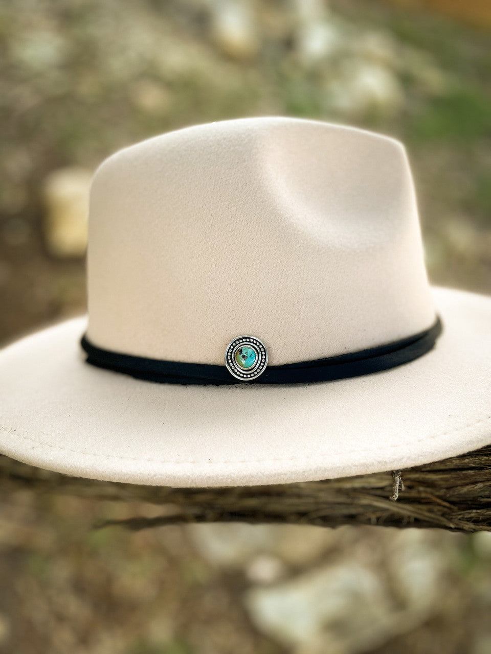 Golden Hills Turquoise Hat Pin - on cream colored hat with black wrap hatband.