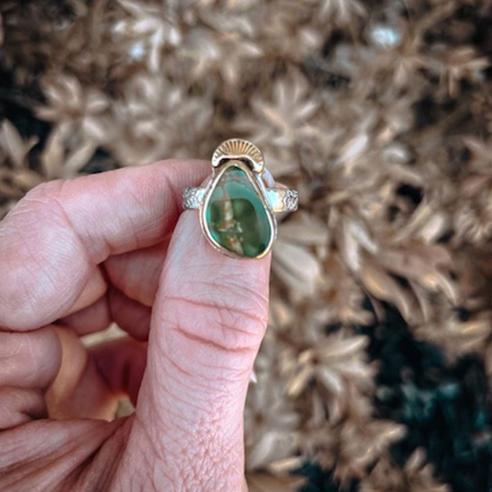 Royston Turquoise Brass & Sterling Silver Ring, Size 5 - 5.25 - front view outdoors.