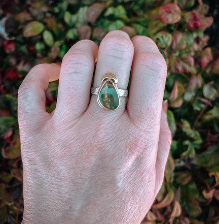 Royston Turquoise Brass & Sterling Silver Ring - worn on middle finger outdoors.