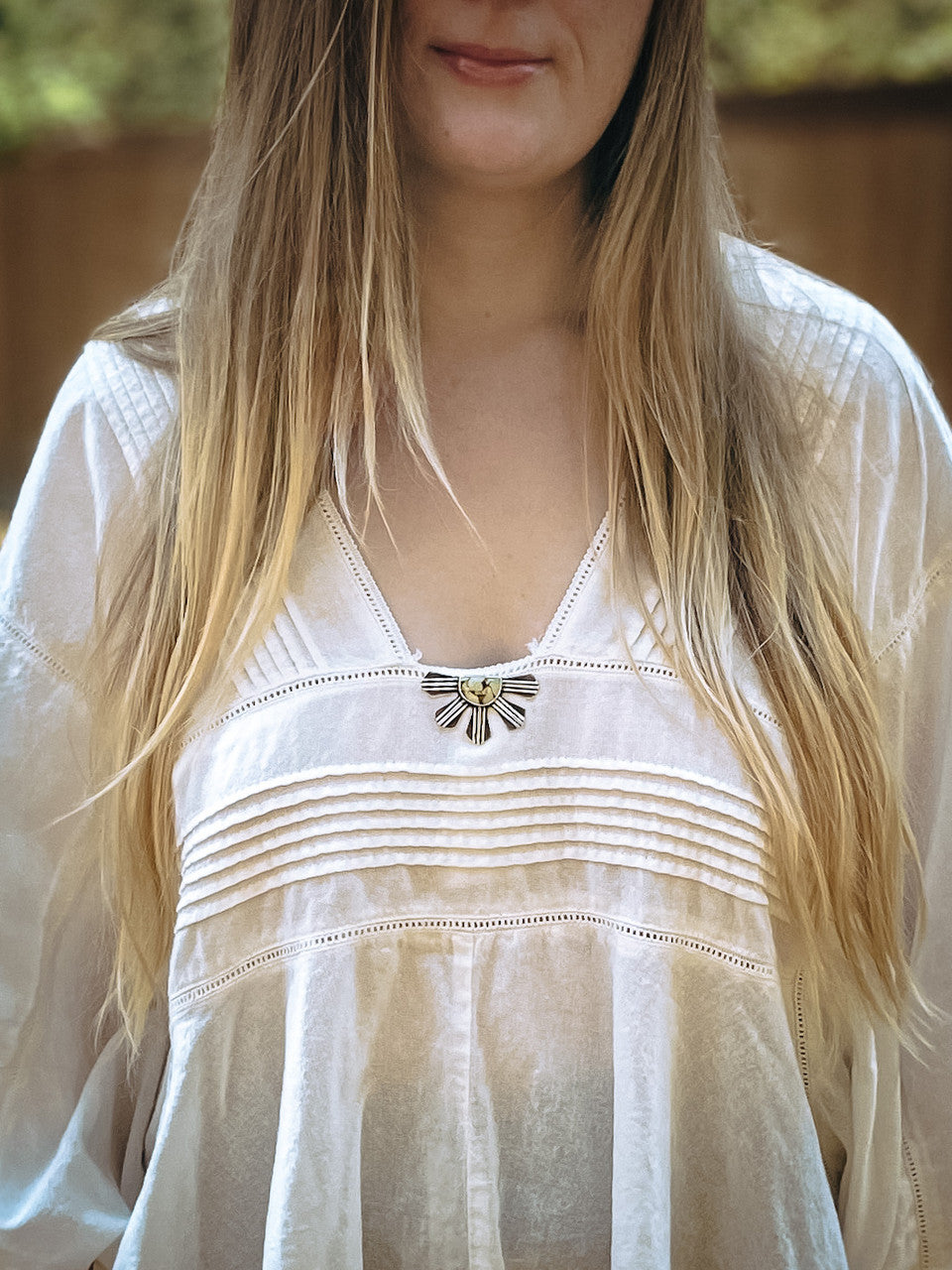 Deco Sunray Turquoise Hat Pin / Brooch - worn as a brooch on middle of shirt.