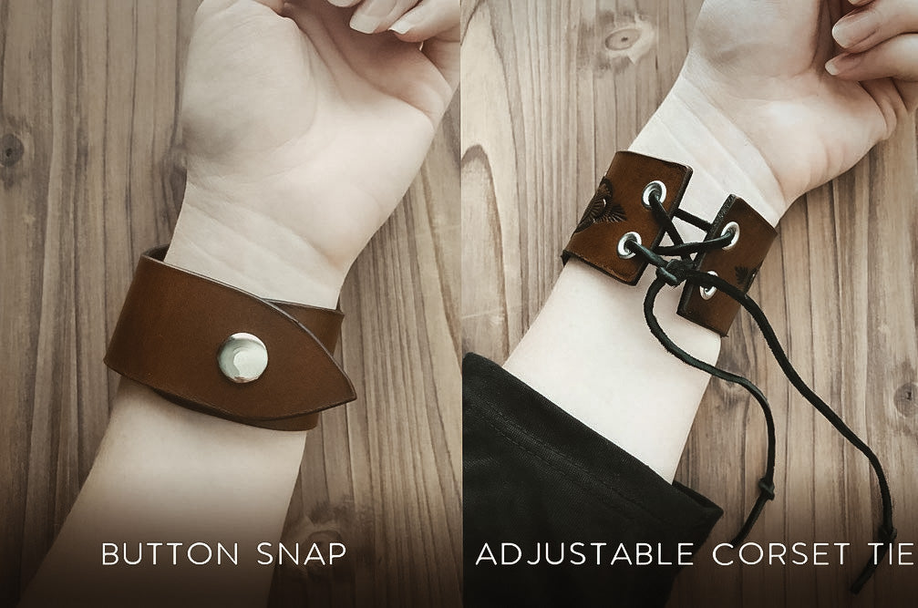 Two closure options for leather bracelets - left side is a bracelet with a button snap on a wrist and the right side is a bracelet with adjustable lace up corset tie.