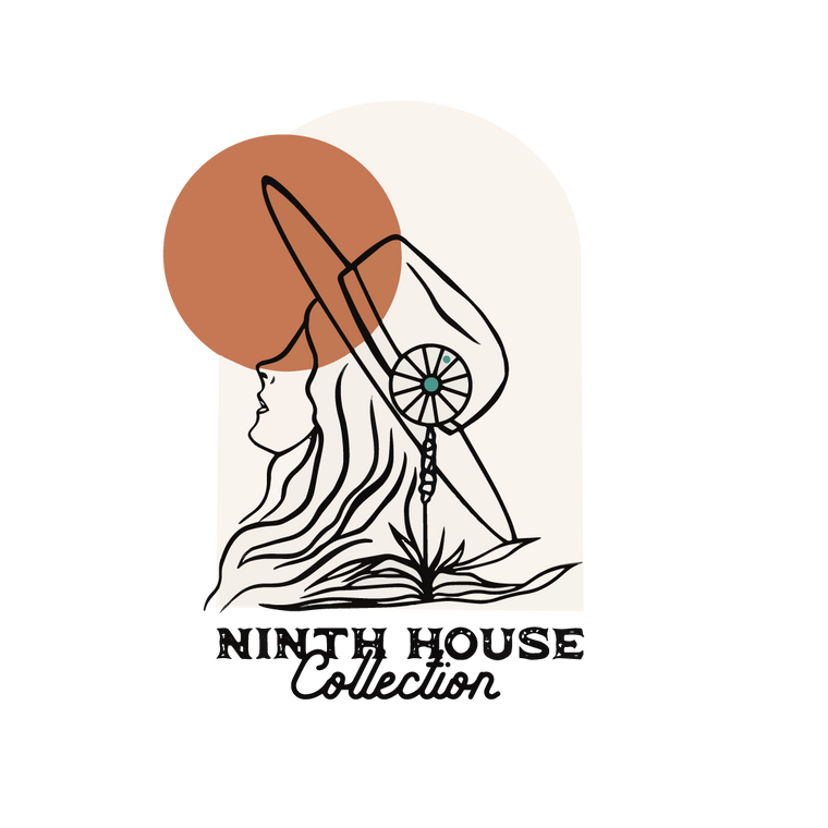 Logo drawing of a woman wearing a hat with a hatpin on the left side representing the astrological chart; it has a turquoise dot in the center.  She is looking up toward an orange circle representing the sun.  Her hair blends into a sotol plant with a bloom that reaches up to the hatpin.  The Ninth House Collection logo word mark is under the drawing.