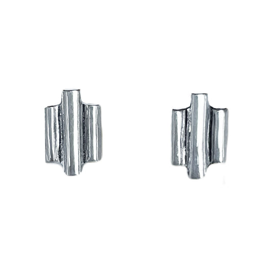Pair of Art Deco inspired 3 bar silver stud earrings. The middle bar is longer than the 2 side bars.