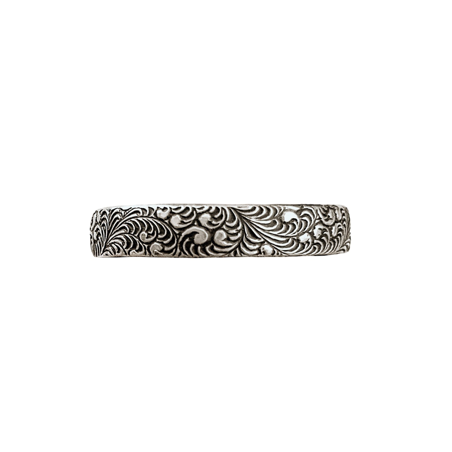 Feathered Sterling Silver Stacking Ring shown in antiqued finish.