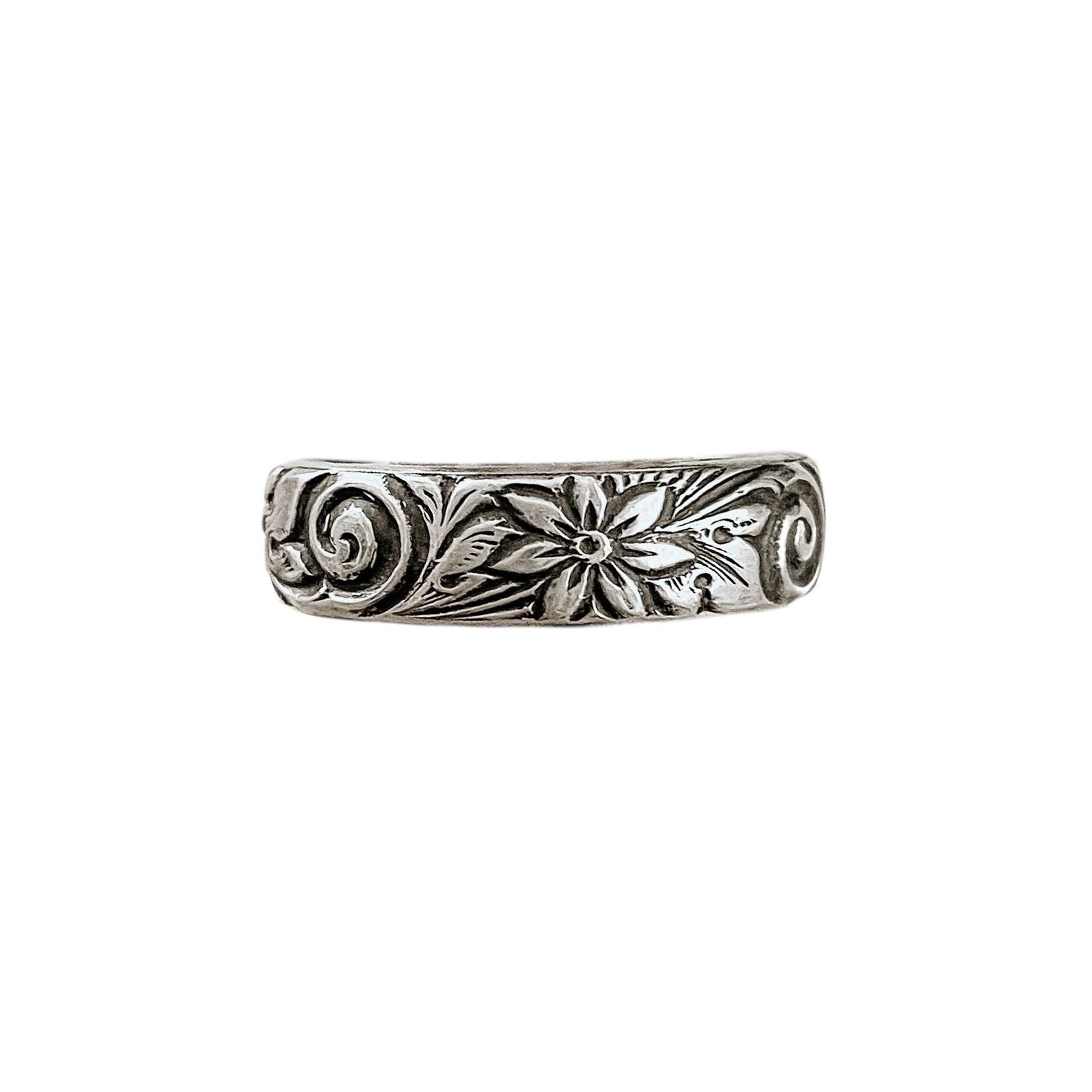 Floral Swirl Boho Ring shown in antiqued finish for a true vintage appearance.