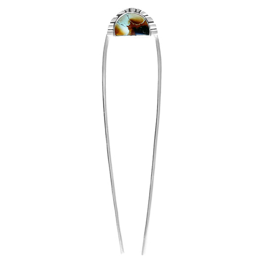 Half moon pale blue and brown turquoise featuring hand-shaped silver moonbeams accenting the curves of the stone on a sterling silver hair fork.