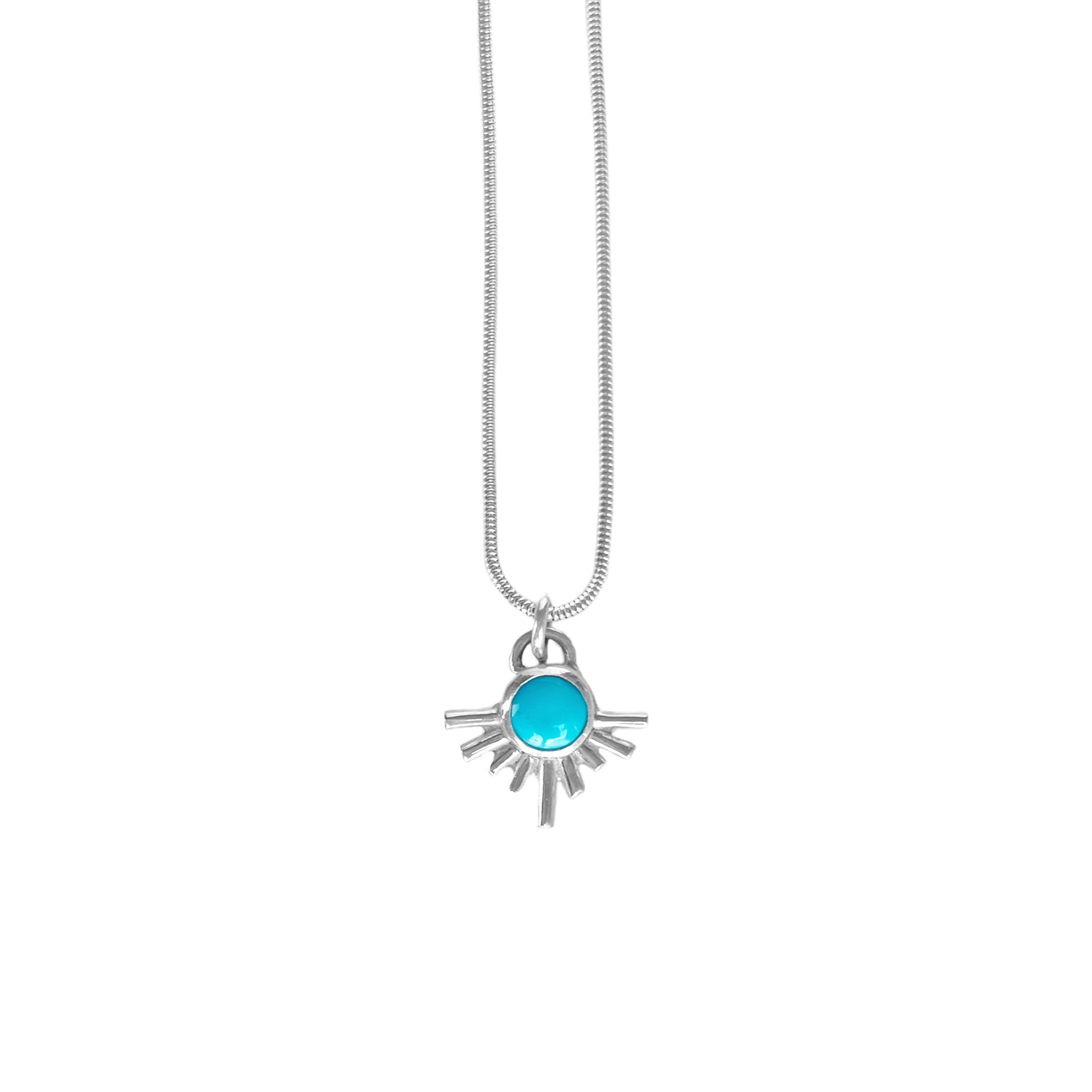 Starburst turquoise necklace on dainty sterling silver snake chain.