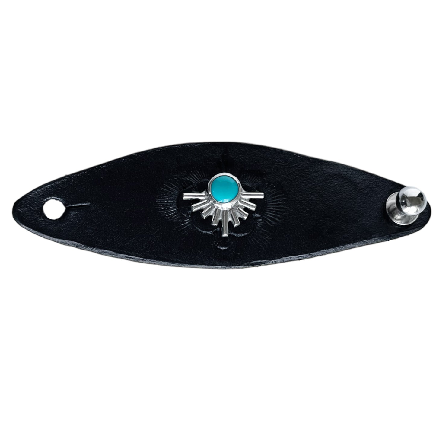Black leather wild rag scarf slide featuring a sterling silver starburst turquoise setting in the middle. The slide is open and laying flat.