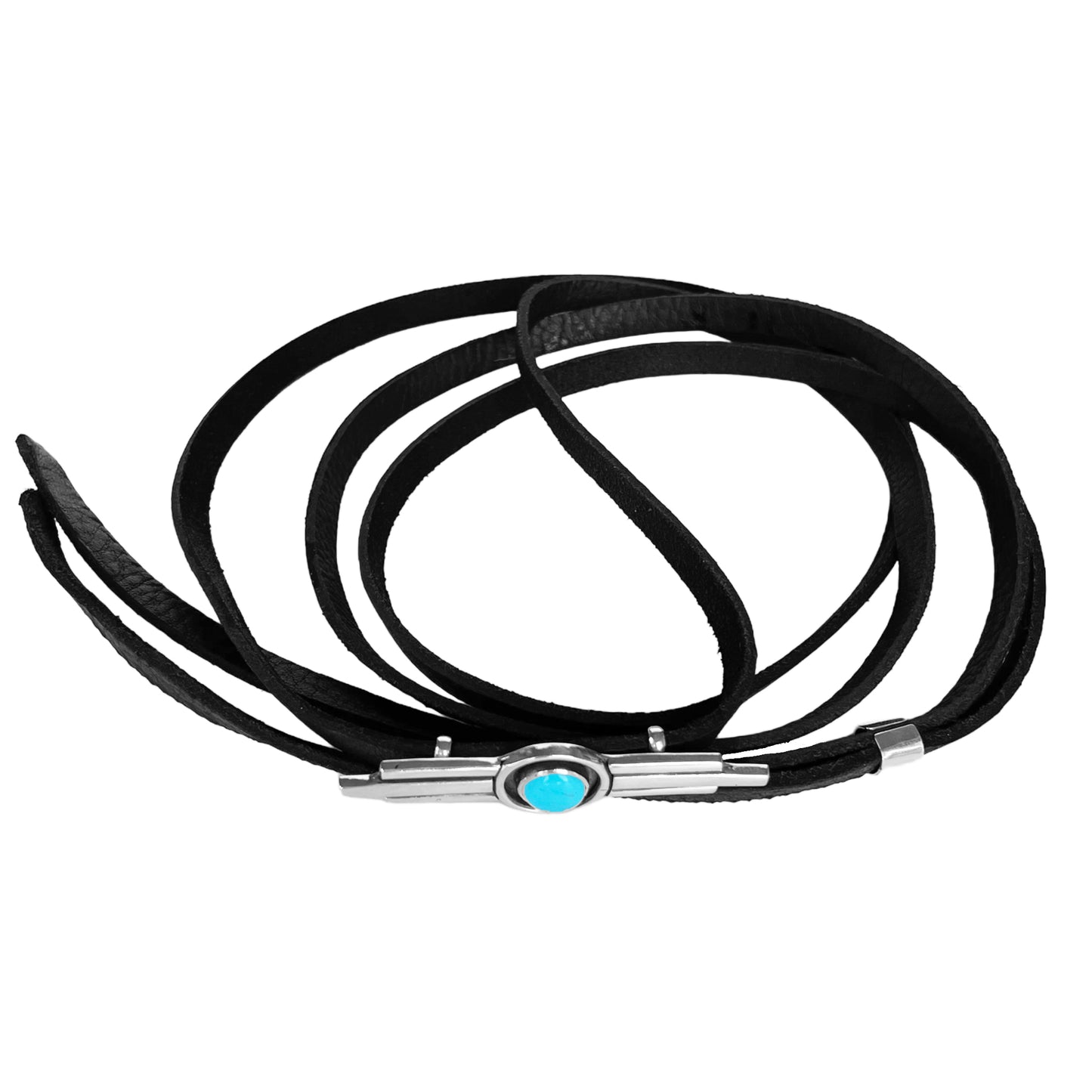 Thin black leather hat band featuring a sterling silver hat pin with 3 bar design with the middle bar slightly longer than the 2 side bars. The middle contains a round turquoise stone encircled with a black patina.