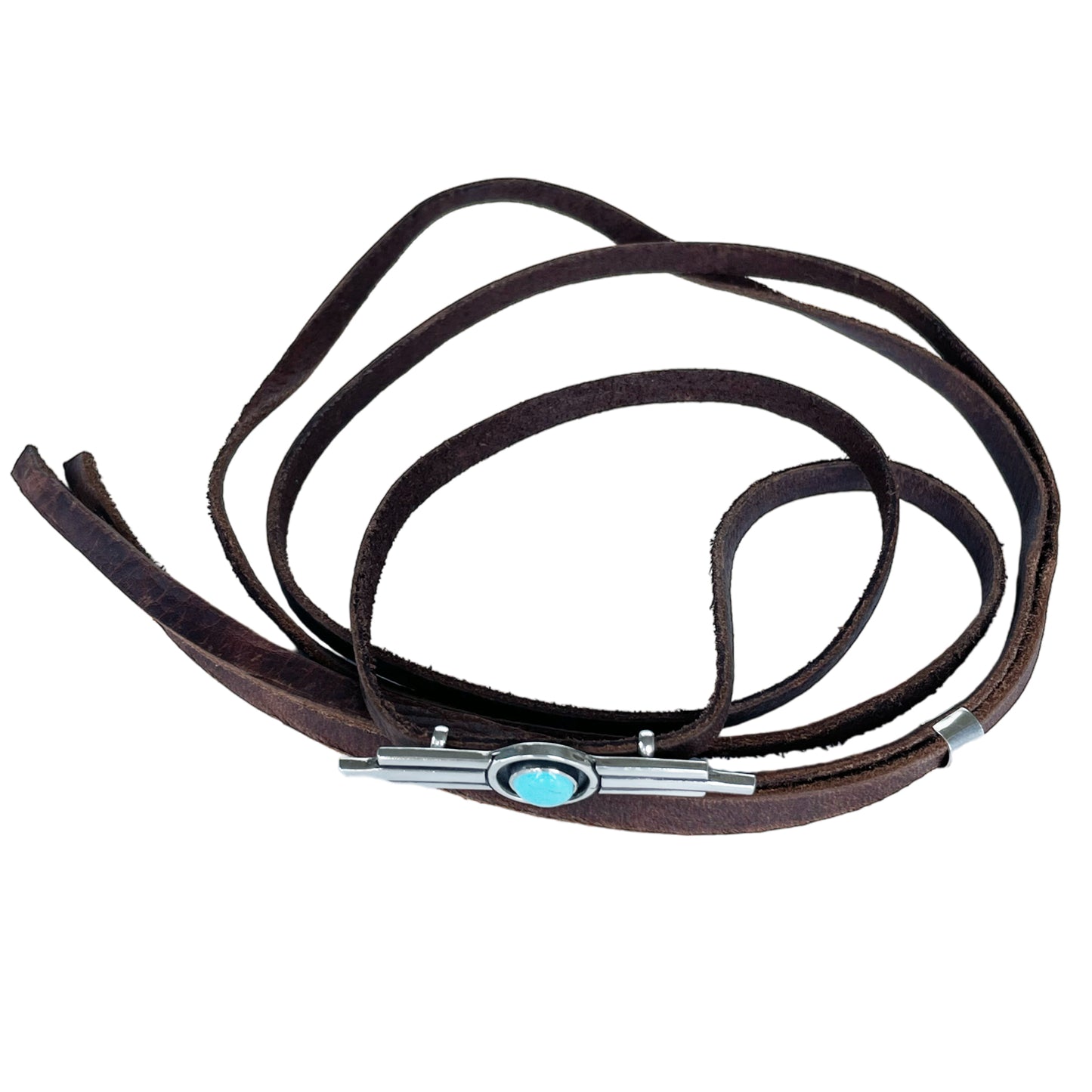 Thin brown leather hat band featuring a sterling silver hat pin with 3 bar design with the middle bar slightly longer than the 2 side bars. The middle contains a round turquoise stone encircled with a black patina.