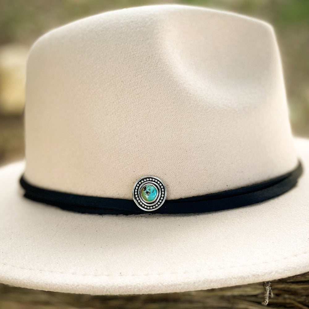 Golden Hills Turquoise Hat Pin - on cream colored hat with black wrap hatband.