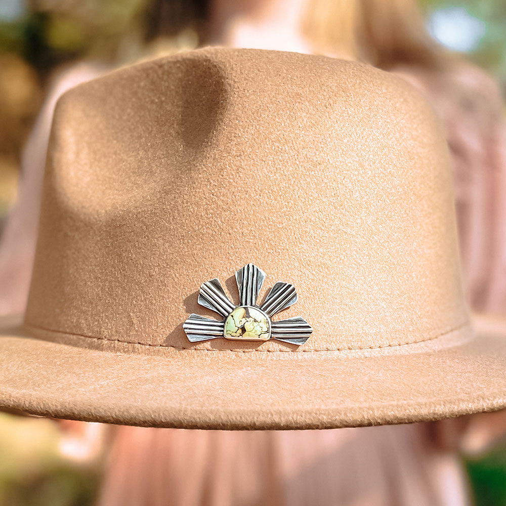 Deco Sunray Turquoise Hat Pin / Brooch - Deco Sunray Turquoise Hat Pin / Brooch - pinned on hat.